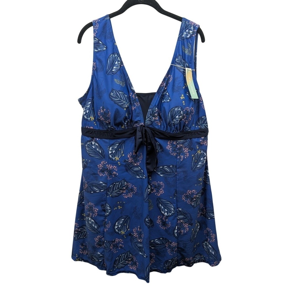 Ecupper Swim Dress Womens 5XL Blue Tropical Floral V-Neck Front Tie Modest